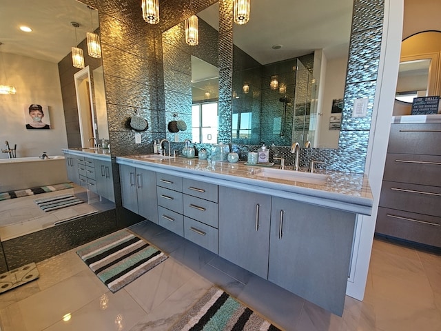 bathroom with plus walk in shower, backsplash, an inviting chandelier, and vanity