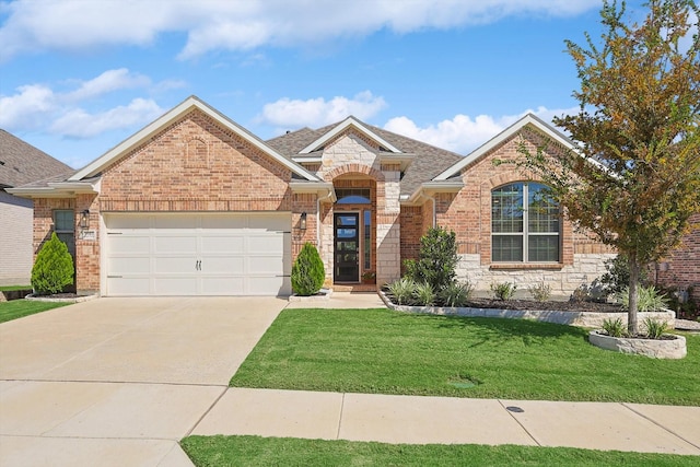 view of front facade with a front yard and a garage