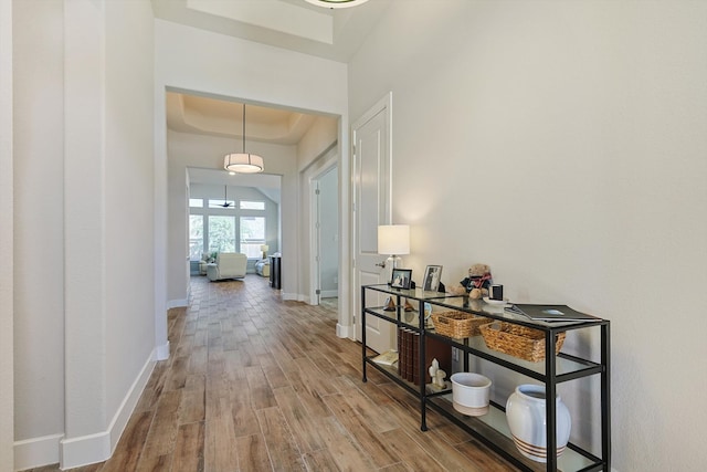 corridor featuring hardwood / wood-style flooring and a tray ceiling