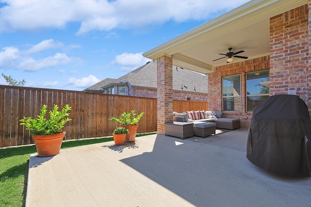 view of patio with outdoor lounge area, grilling area, and ceiling fan