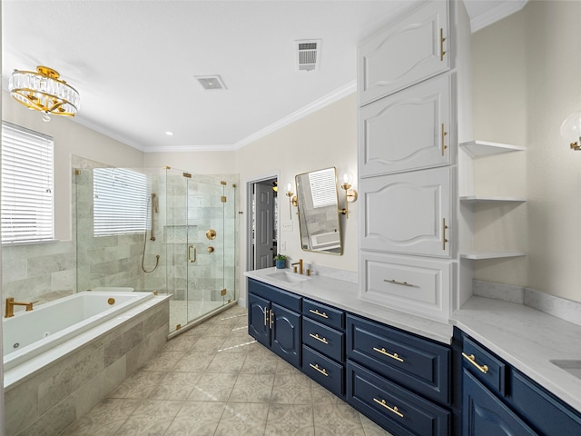 bathroom with ornamental molding, vanity, plus walk in shower, and tile patterned floors