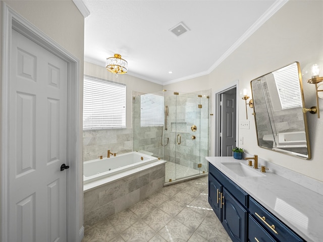 bathroom featuring vanity, shower with separate bathtub, crown molding, and tile patterned floors