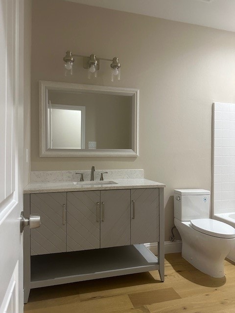 bathroom with vanity, toilet, and hardwood / wood-style flooring