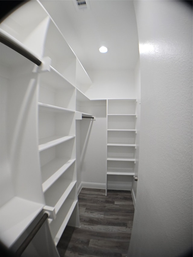 spacious closet featuring dark hardwood / wood-style flooring