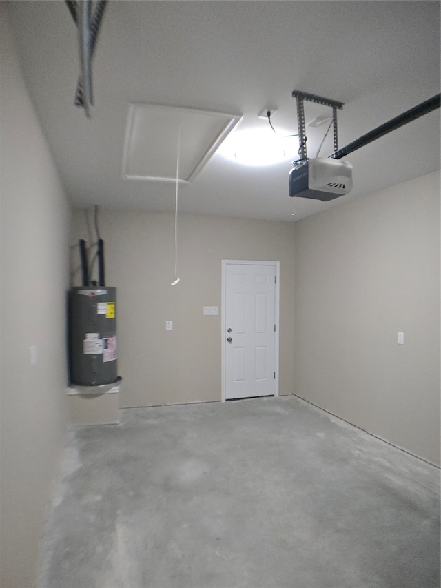 garage with electric water heater and a garage door opener