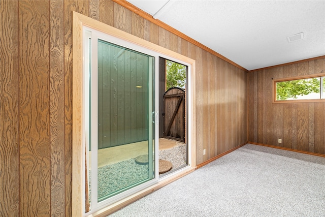 doorway to outside with a textured ceiling, wooden walls, and carpet flooring