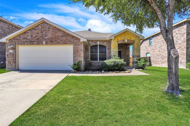 single story home featuring a front yard and a garage