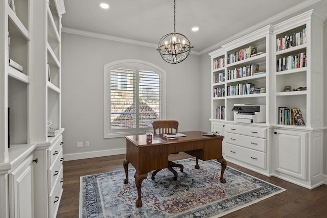 office with dark wood-style flooring, crown molding, baseboards, recessed lighting, and an inviting chandelier