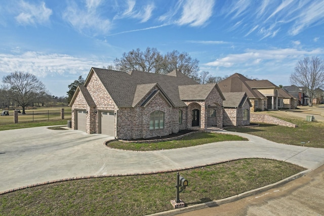 french country style house featuring stone siding, a garage, concrete driveway, brick siding, and a front lawn
