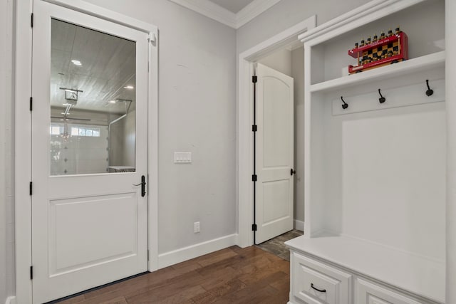 mudroom with ornamental molding and dark wood-type flooring