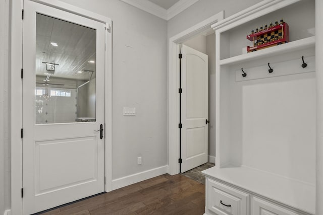 mudroom with baseboards, dark wood-style flooring, and ornamental molding