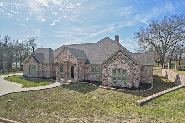 french country home with fence, a chimney, a front yard, brick siding, and a shingled roof