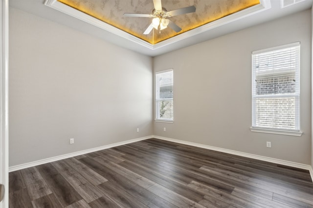 spare room featuring a wealth of natural light, dark wood-type flooring, ceiling fan, and a raised ceiling