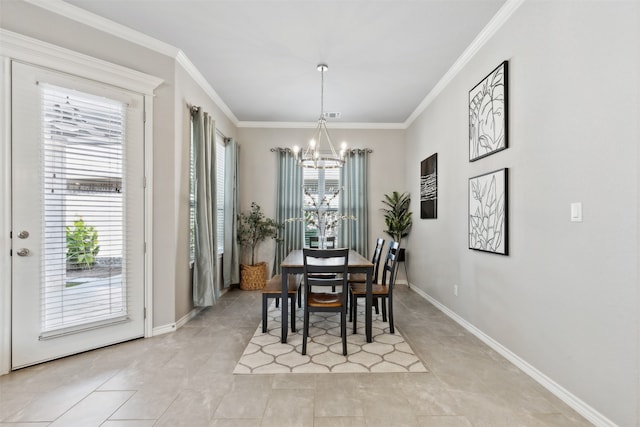 dining space featuring light tile patterned flooring, crown molding, and a chandelier