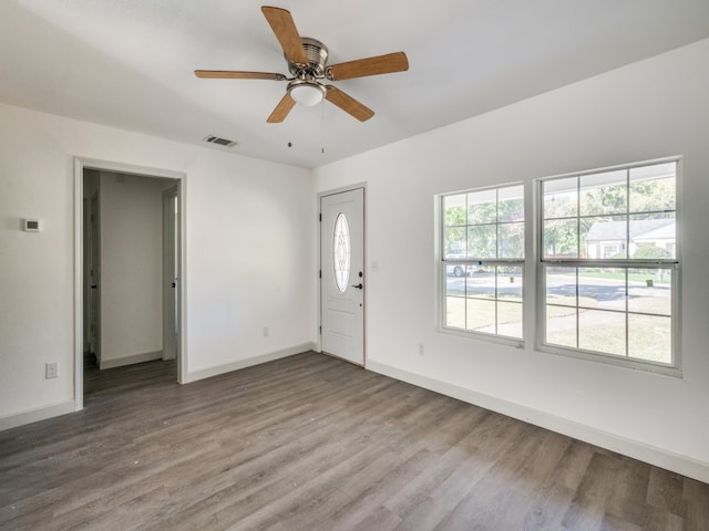 foyer featuring ceiling fan and light hardwood / wood-style floors