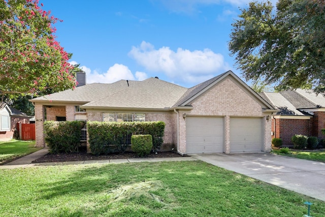 single story home featuring a front yard and a garage