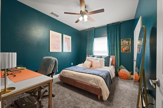 carpeted bedroom with ceiling fan