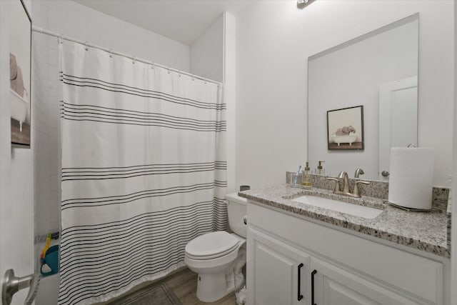 bathroom featuring vanity, toilet, and a shower with shower curtain