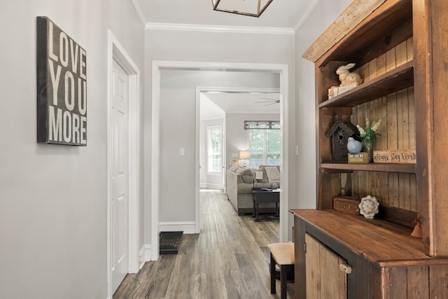 corridor with hardwood / wood-style flooring and crown molding