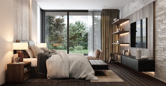 bedroom featuring floor to ceiling windows, multiple windows, and dark hardwood / wood-style floors