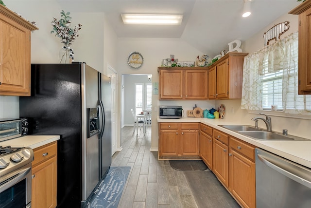 kitchen with sink, stainless steel appliances, dark wood-type flooring, and lofted ceiling