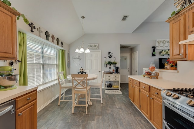 kitchen with stainless steel dishwasher, decorative light fixtures, a chandelier, vaulted ceiling, and dark hardwood / wood-style flooring