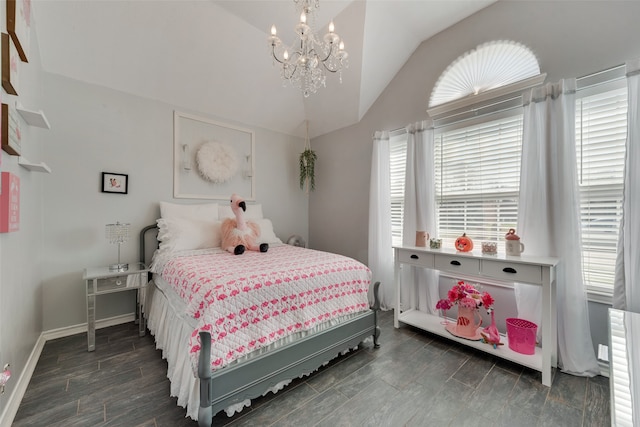 bedroom with a notable chandelier, lofted ceiling, and dark wood-type flooring