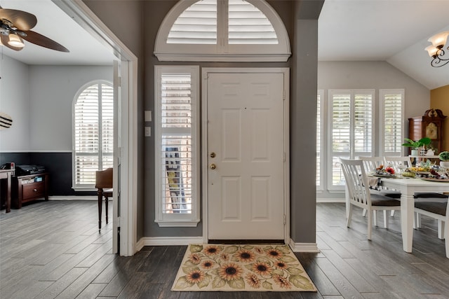 entryway featuring lofted ceiling, dark hardwood / wood-style floors, and plenty of natural light