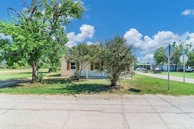 obstructed view of property with a front lawn