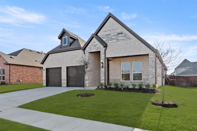 view of front of home with a garage and a front lawn