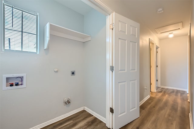 laundry area featuring washer hookup, gas dryer hookup, dark hardwood / wood-style flooring, and electric dryer hookup