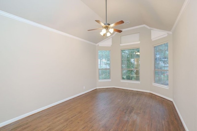 unfurnished room featuring ceiling fan, vaulted ceiling, ornamental molding, and dark hardwood / wood-style flooring