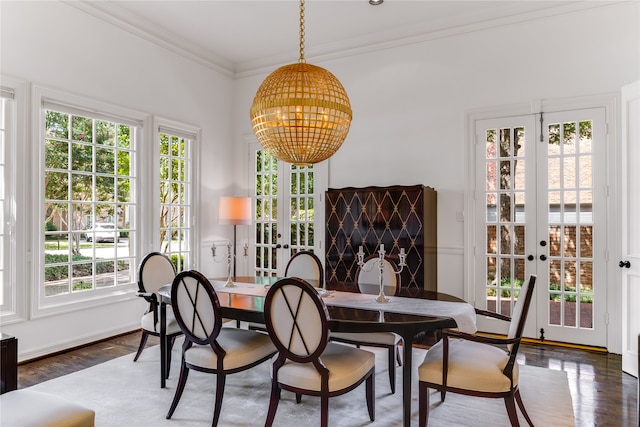 dining room with a wealth of natural light, dark hardwood / wood-style floors, and french doors