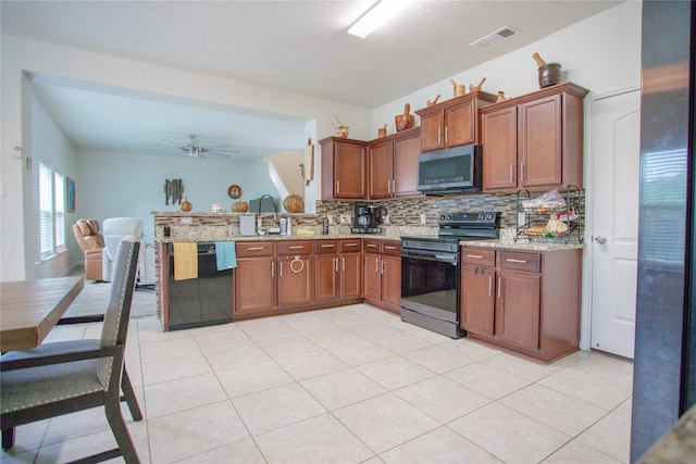 kitchen with dishwasher, tasteful backsplash, light stone countertops, ceiling fan, and range with electric stovetop