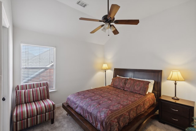 carpeted bedroom with lofted ceiling and ceiling fan