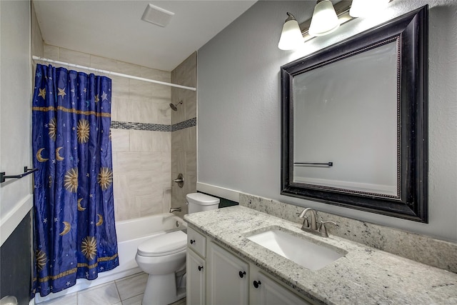 full bathroom with tile patterned flooring, vanity, toilet, and shower / bath combo with shower curtain