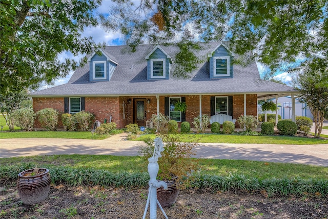 new england style home featuring a front lawn and covered porch