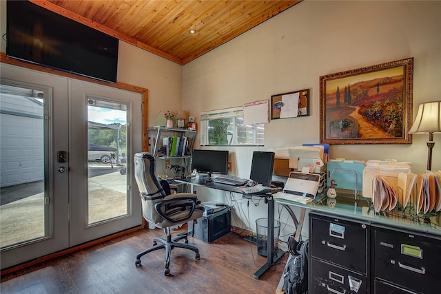 home office featuring dark wood-type flooring, wooden ceiling, lofted ceiling, and french doors