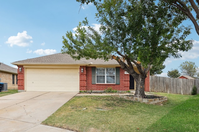 ranch-style house featuring central AC, a front lawn, and a garage