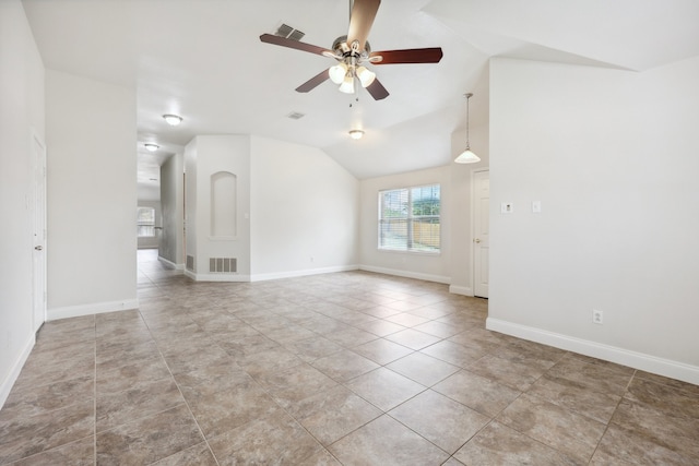 unfurnished room featuring light tile patterned floors, lofted ceiling, and ceiling fan