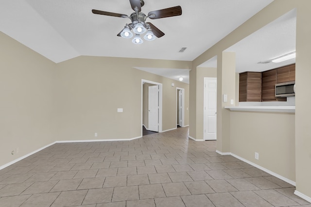 4629 Grant Park Ave, Fort Worth, TX 76137 - unfurnished living room with visible vents, ceiling fan, baseboards, and lofted ceiling