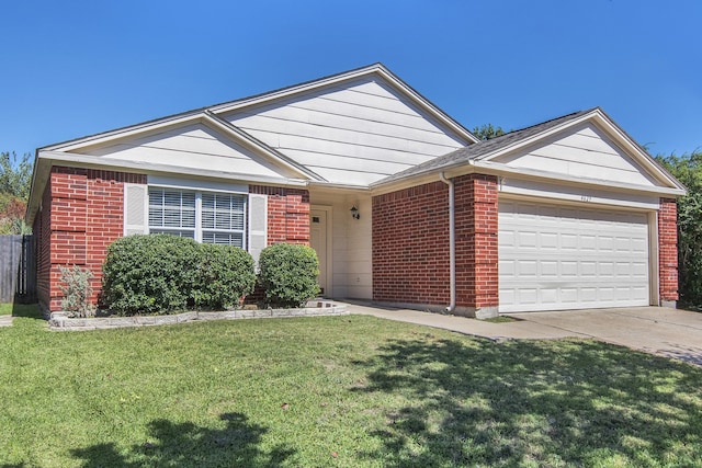 ranch-style home with a garage and a front yard