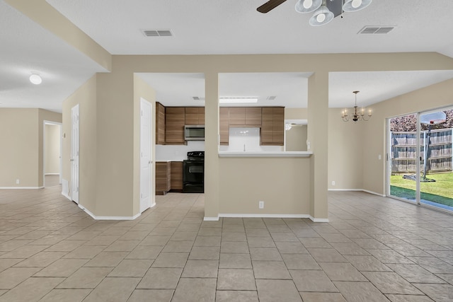 4629 Grant Park Ave, Fort Worth, TX 76137 - interior space featuring visible vents, baseboards, light tile patterned flooring, and ceiling fan with notable chandelier