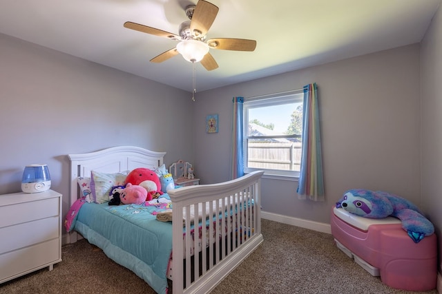 carpeted bedroom with ceiling fan