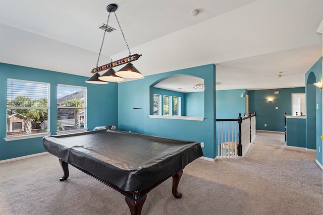 recreation room with billiards, light colored carpet, and lofted ceiling