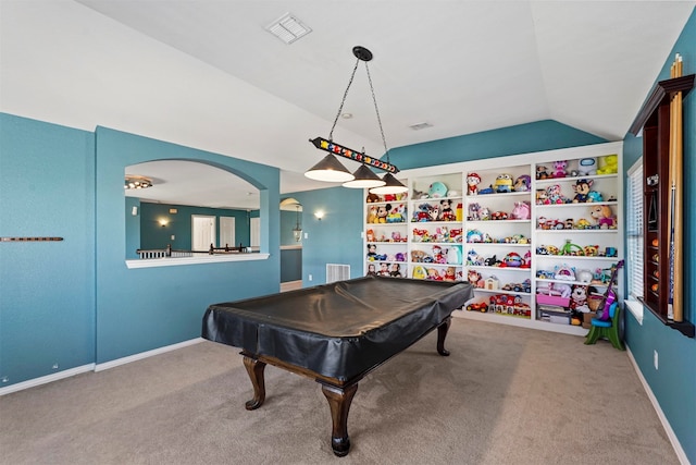 game room featuring pool table, carpet, and lofted ceiling