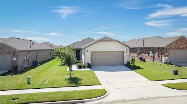 ranch-style house with a front yard, a garage, and cooling unit