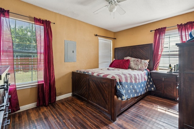 bedroom with ceiling fan, electric panel, dark wood-type flooring, and multiple windows