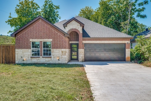 view of front of house with a front lawn and a garage