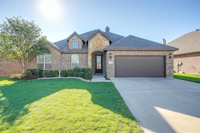 french provincial home with a front lawn and a garage